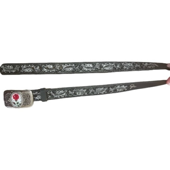 Mallory Black Western Leather Embossed Belt Silver Tone Buckle with Rose Inlay - Picture 5 of 7